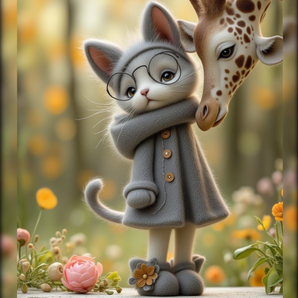 Gray Kitten Climbs Giraffe in Felted-Style Zoo