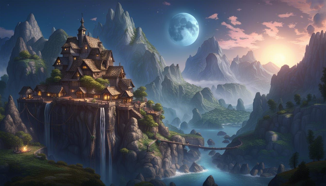 Fantasy Floating Island Village at Night