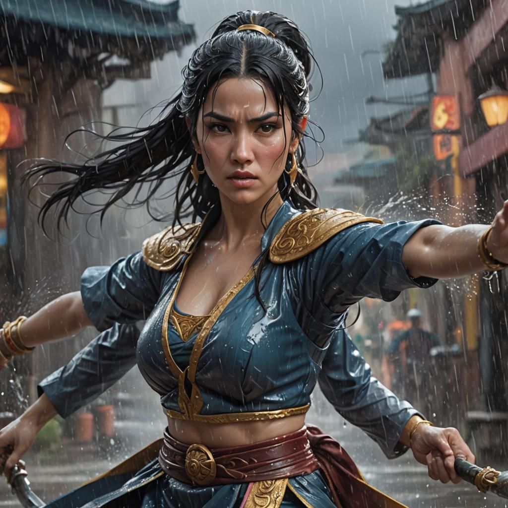 Statuesque Warrior Woman Fighting in the Rain