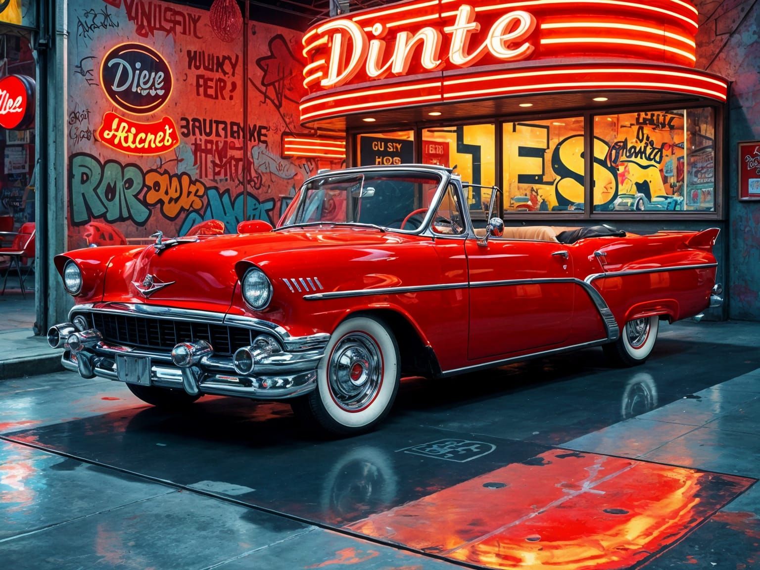 Vibrant Retro Diner Scene with 1950s Convertible and Street ...