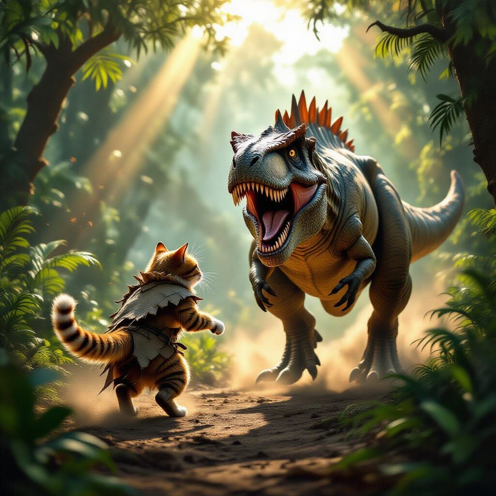 Neanderthal Cat Flees Dinosaur in Primeval Jungle