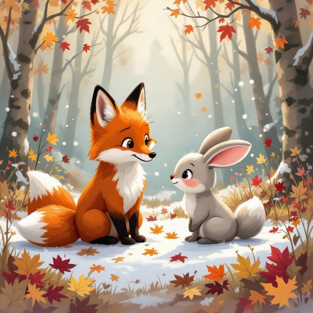 Fox and Bunny Best Friends in Autumn Forest to Winter