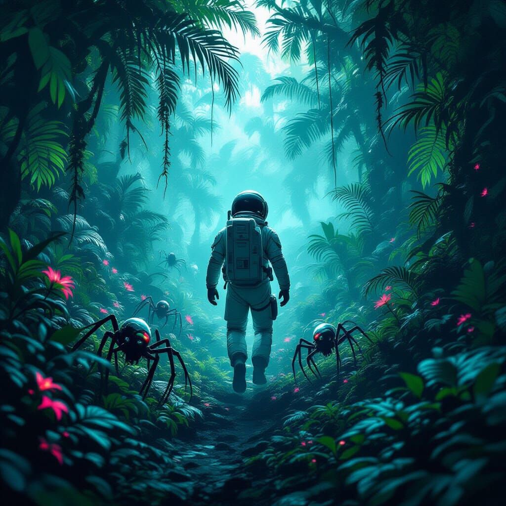 A lone astronaut drifts through an alien jungle where biolum...