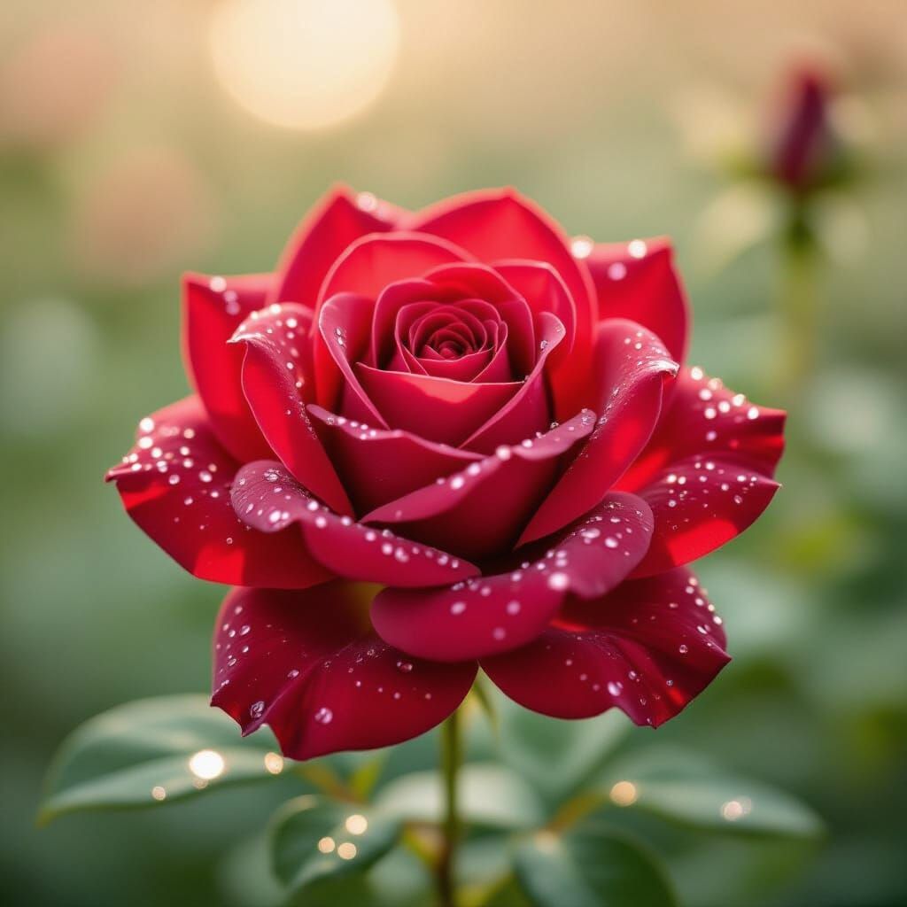 Close-Up Red Rose With Dew Drops in Soft Light