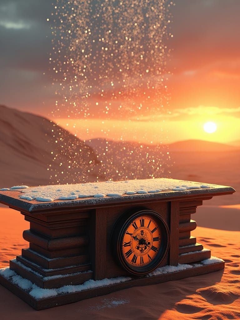 Surreal Desert Snowfall with Ornate Clock