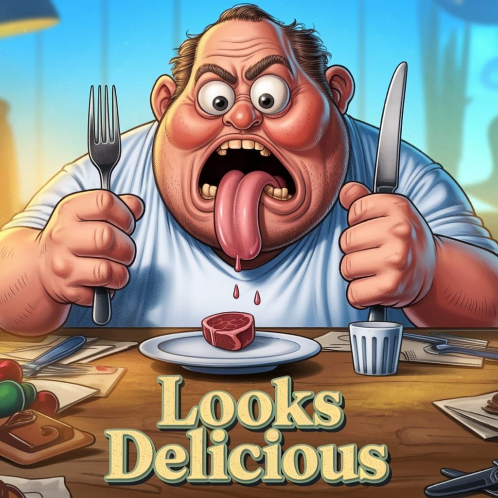 In the whimsical style of R. Crumb, a cartoonishly obese man sits at a cluttered dining room table, his hands tightly gr...