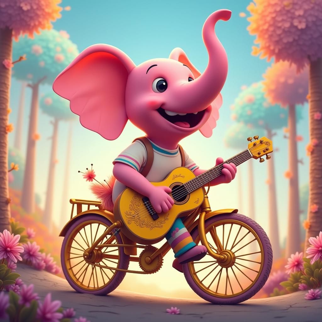 Pink Elephant Cyclist Plays Guitar: Fantasy Concept Art