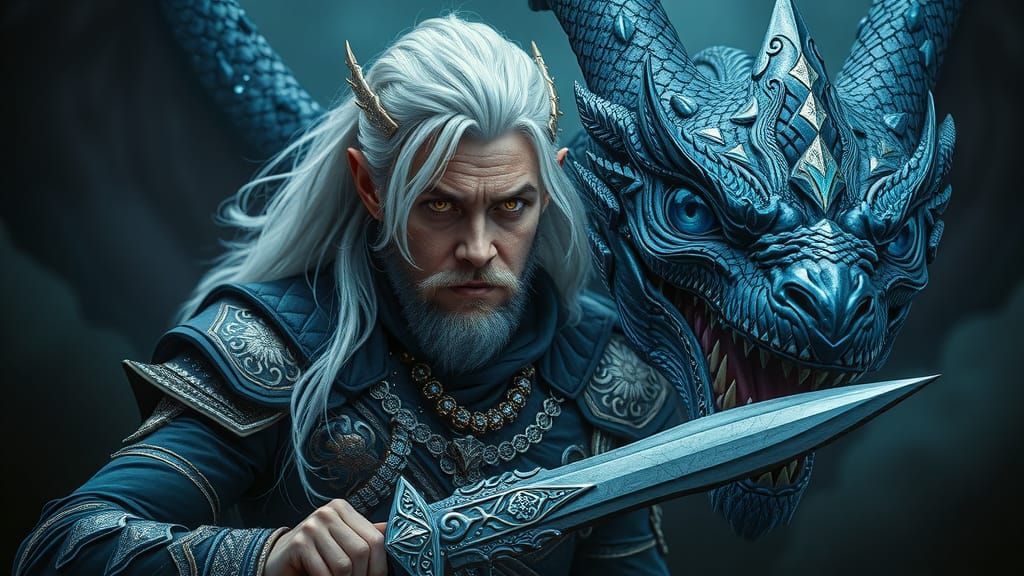 Fae Warrior with Dragon in Eerie Futurism Style