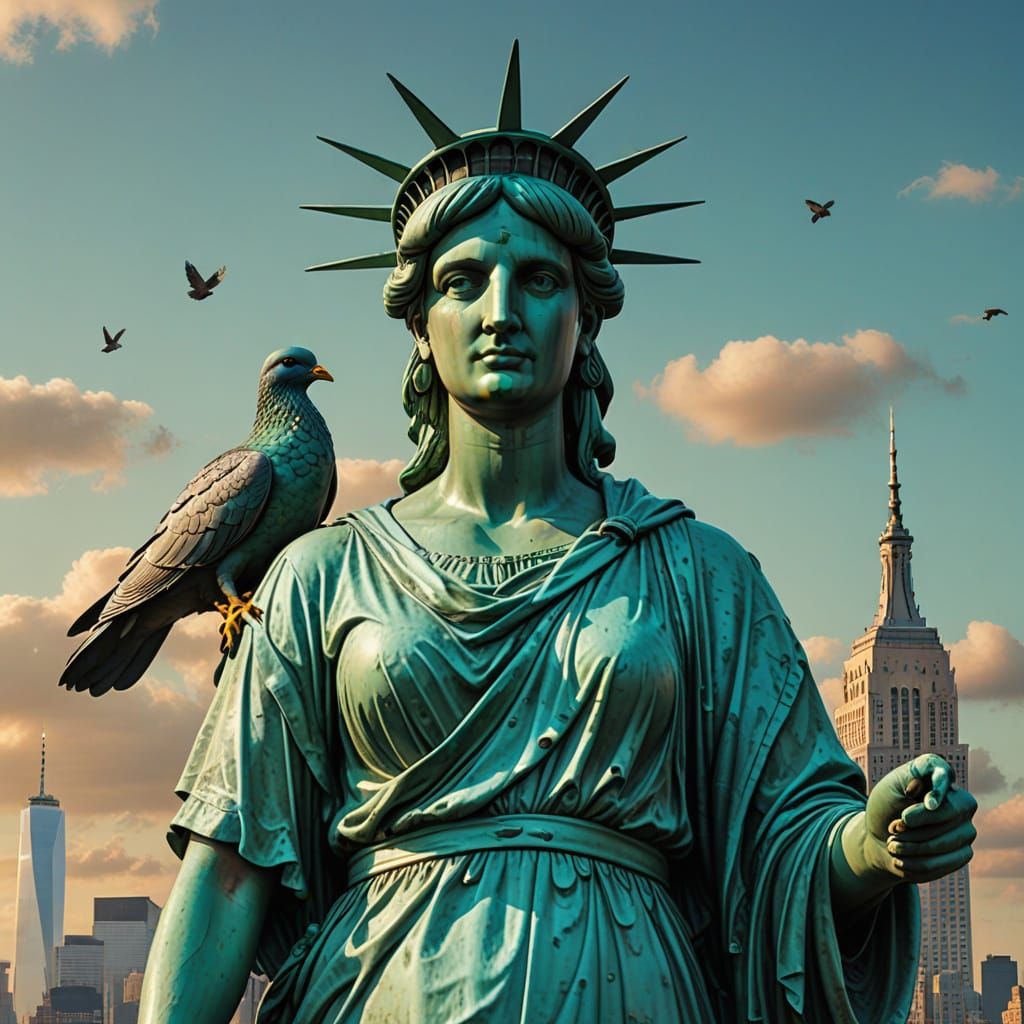 Lady Liberty and Pigeon in Hyper-Realistic Digital Art