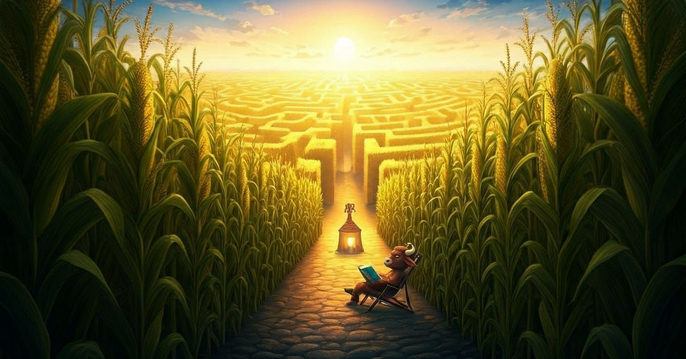 Adorable Minotaur Reads Book in Giant Corn Maze