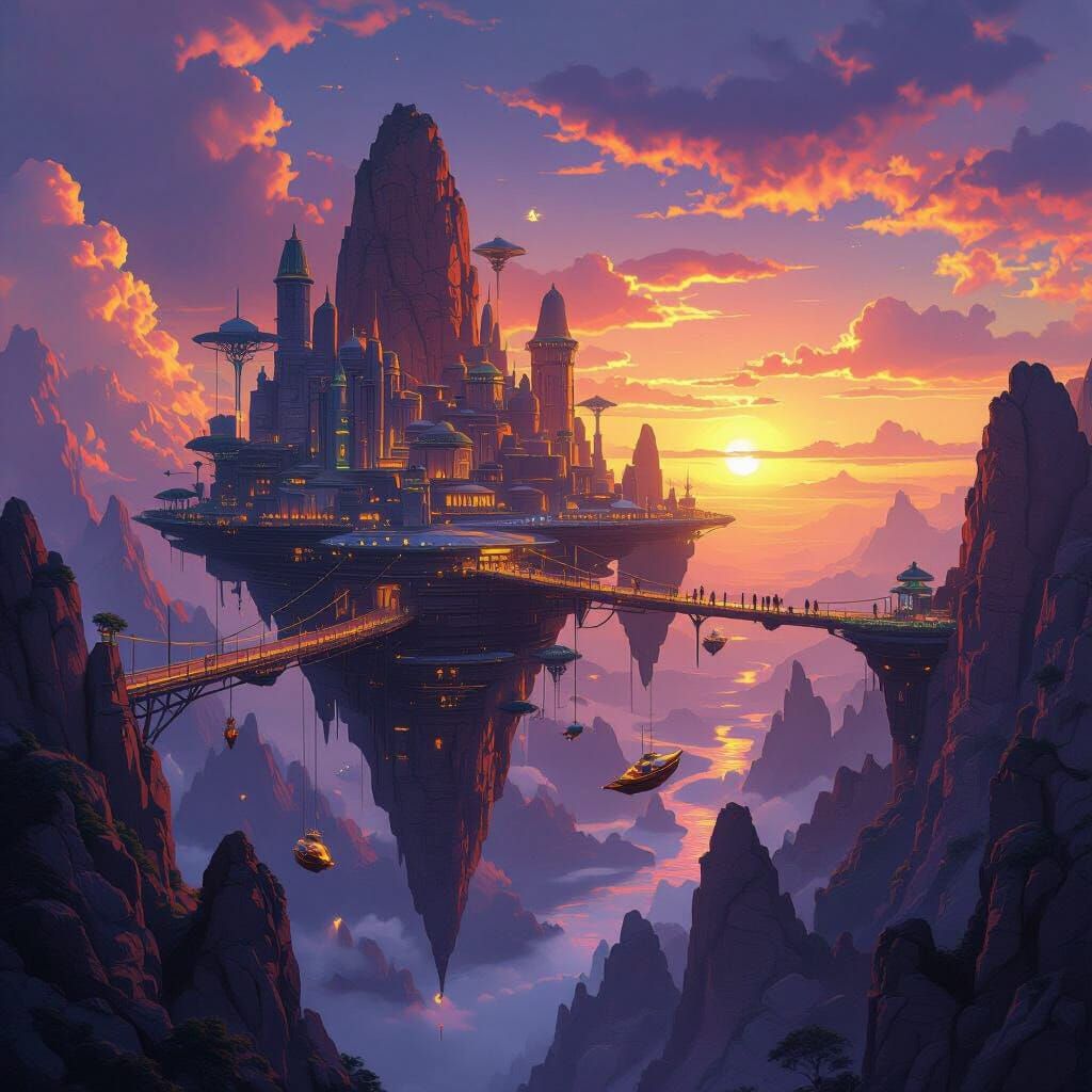 Vibrant Floating City Connected by Bridges in Double Sunset