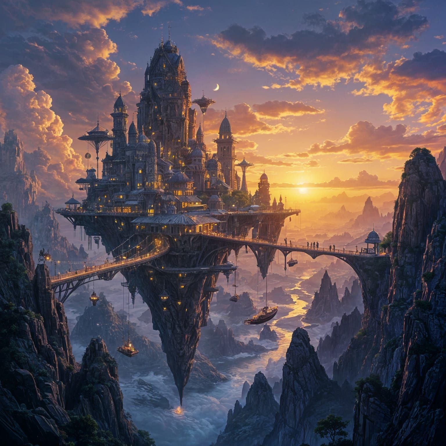 Vibrant Floating City Connected by Bridges in Double Sunset