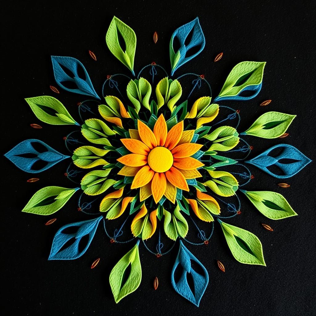 Felt Mandala with Green, Blue, and Orange Palette