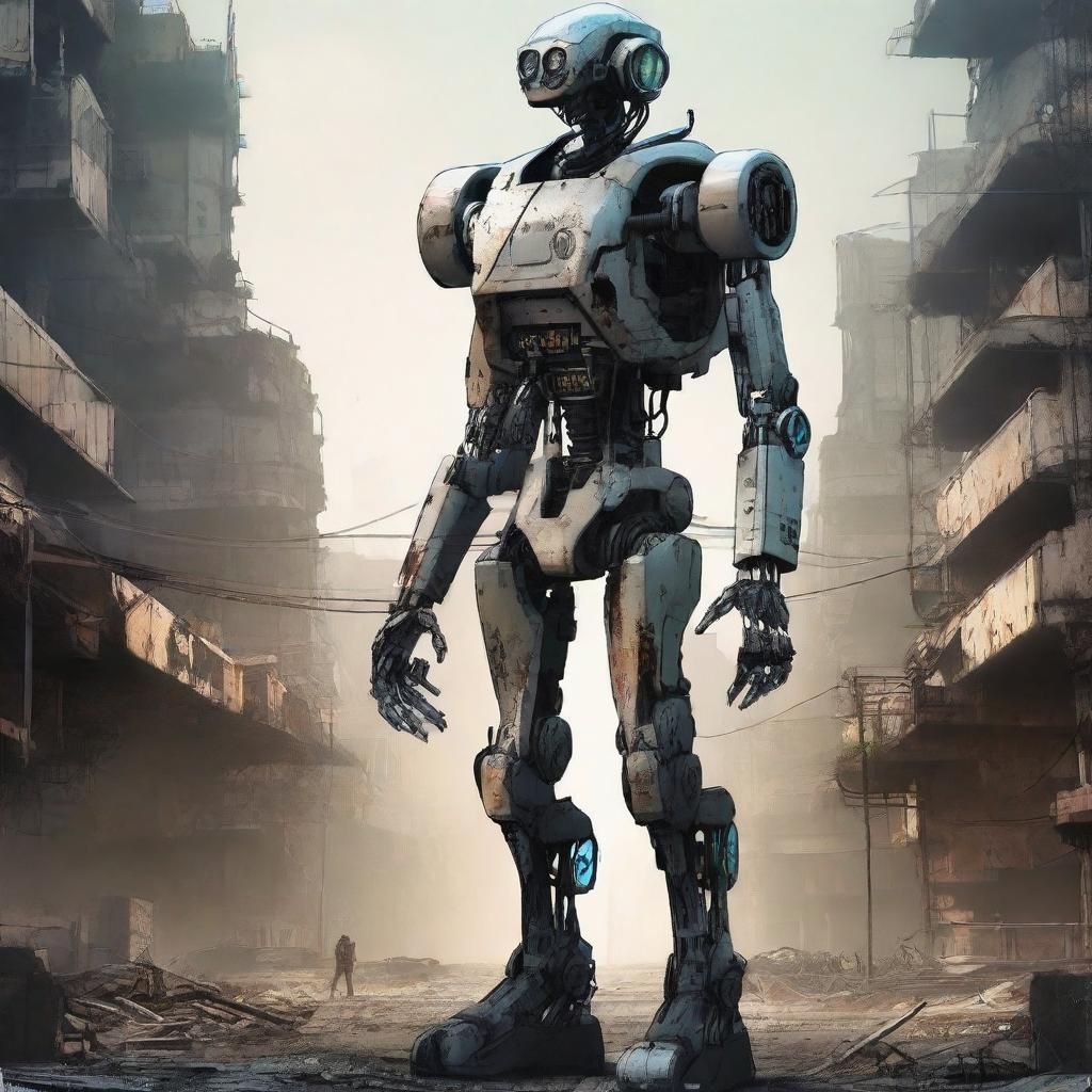 Anime Alien Cyborg in Ruined Sci-Fi Landscape