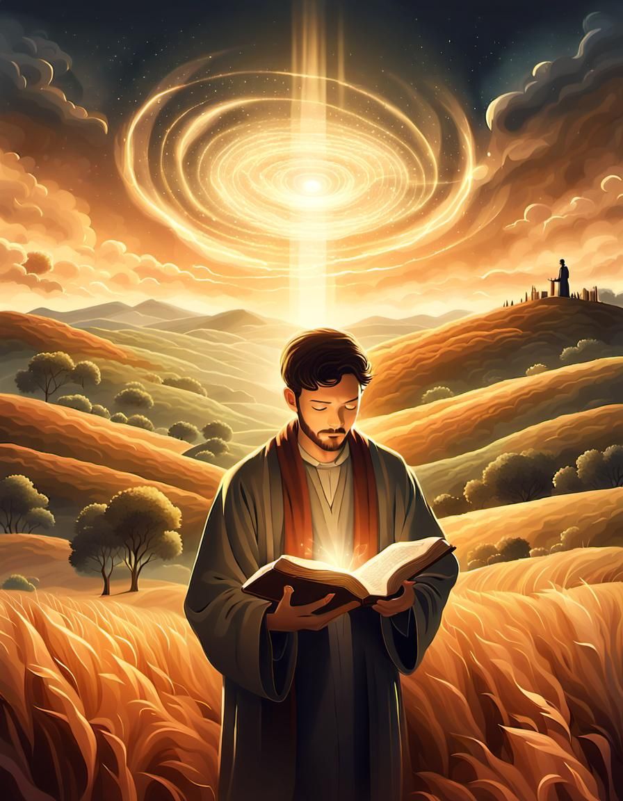 Surreal Person Holding Bible in Dreamy Landscape
