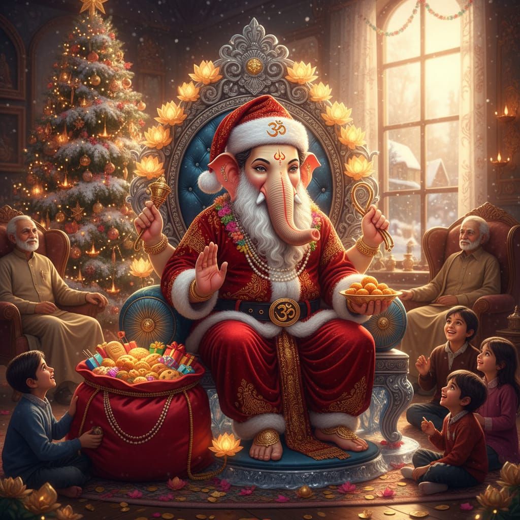Ganesha as Santa Claus Spreading Winter Cheer