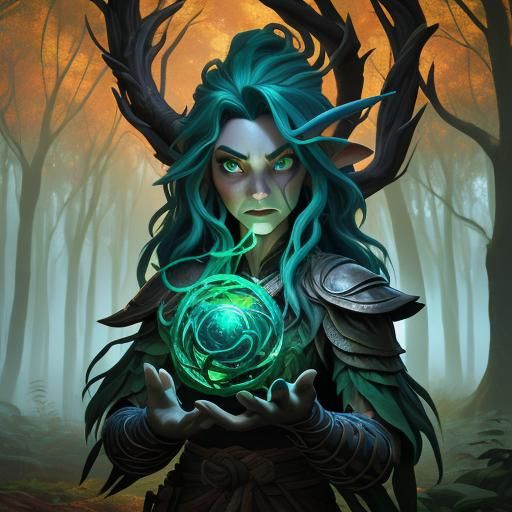 Blue Tiefling Druidess in Autumn Forest, Fantasy Art