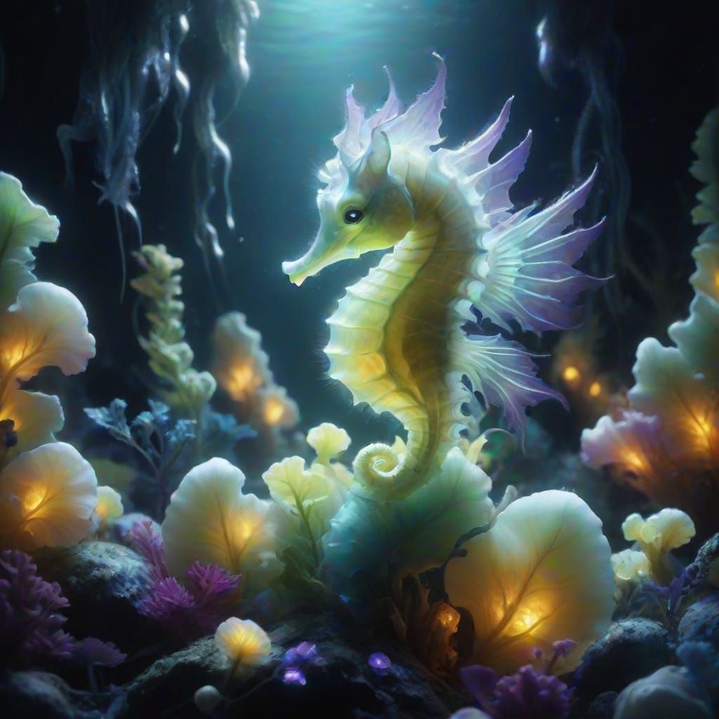 Winged Seahorse Perched on Bioluminescent Plants