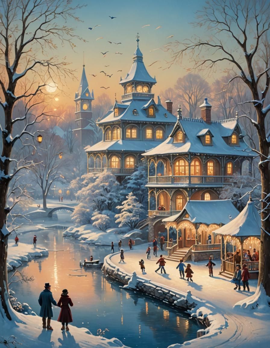Victorian Village Pavilion Ice Skating Pond in Magical Reali...