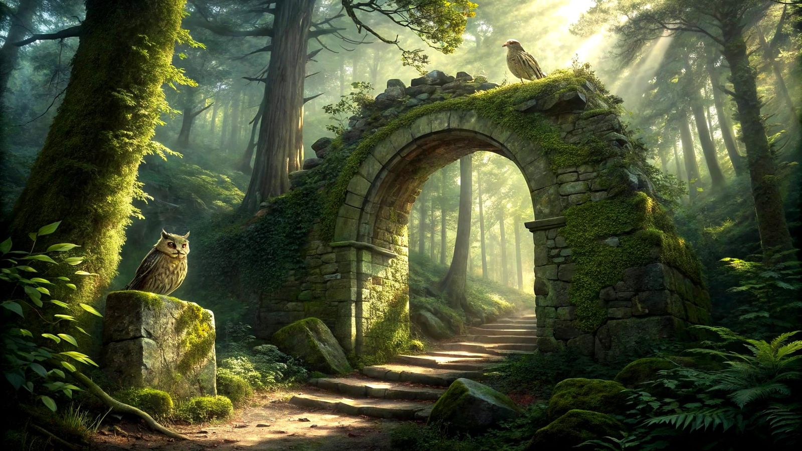 Enchanted Forest Archway with Owl in Brian Froud Style
