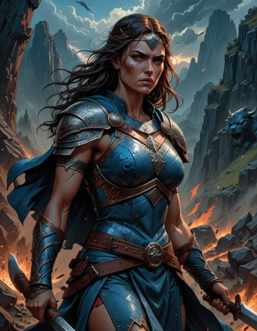 Vibrant Blue Barbarian Warrior Maiden in Epic Comic Book Sty...