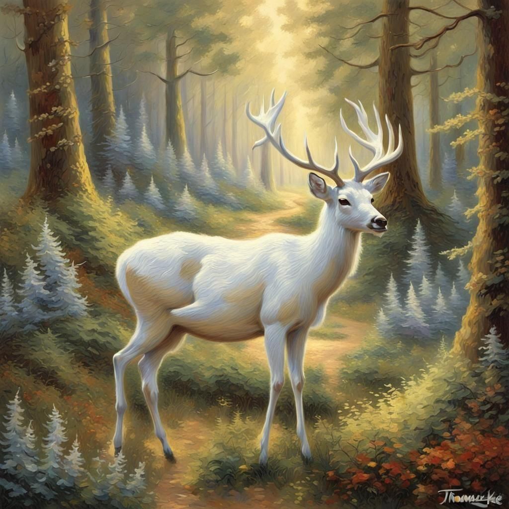 White Deer in Forest, Luminous Painting