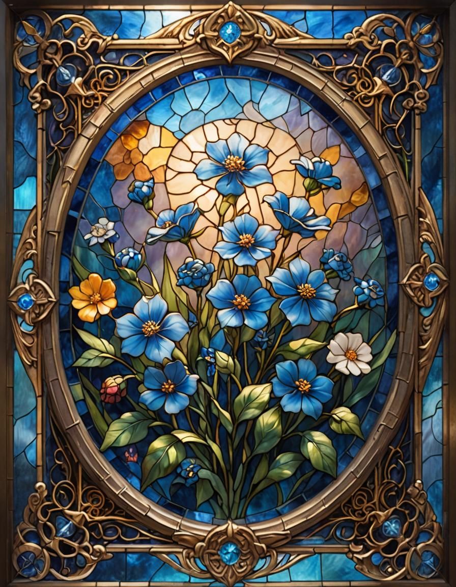Blue Flower in Stained Glass with Glowing Runes
