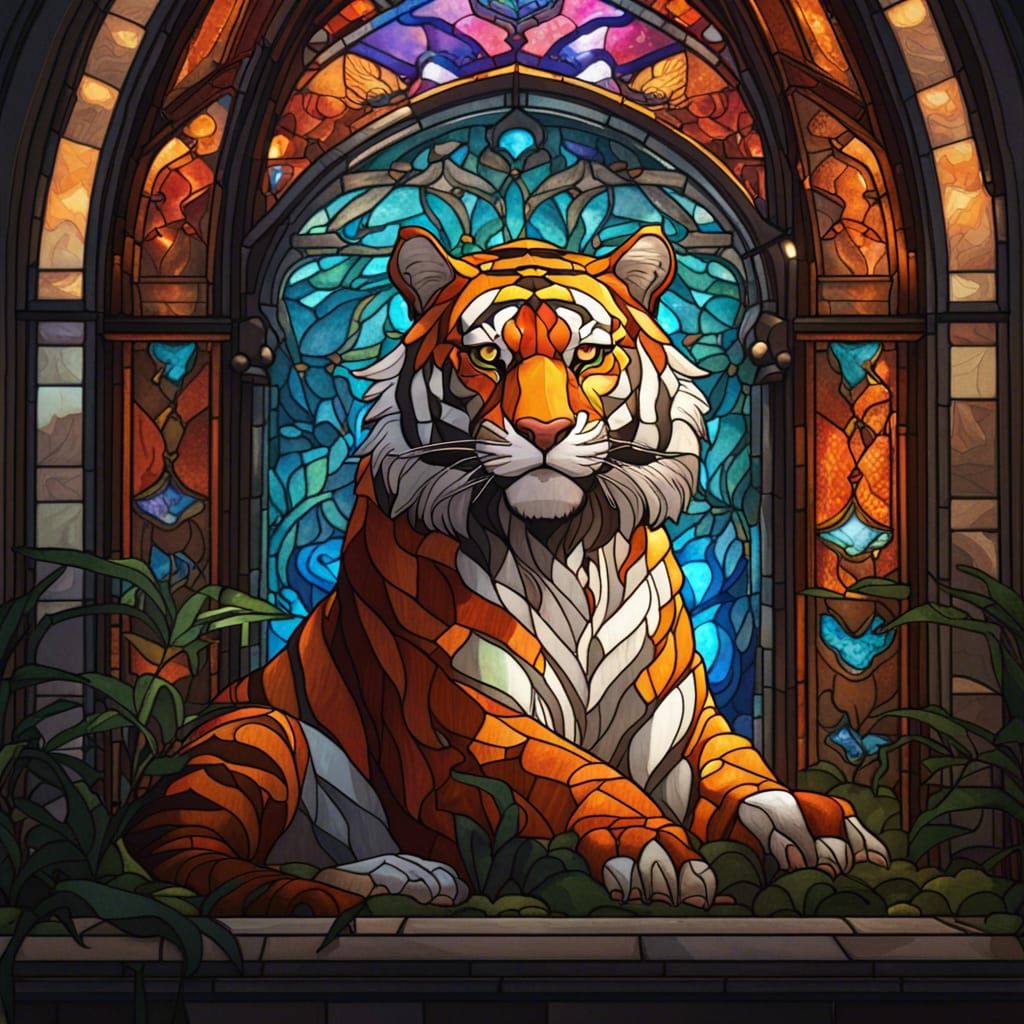 Stained Glass Window with Majestic Tiger in Art Nouveau