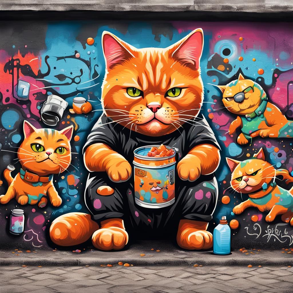 Graffiti Art: Fat Ginger Cat and Dog Best Friends