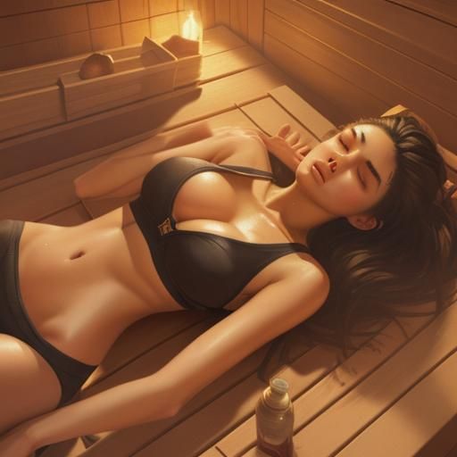Woman Relaxing in Sauna: Oil Painting