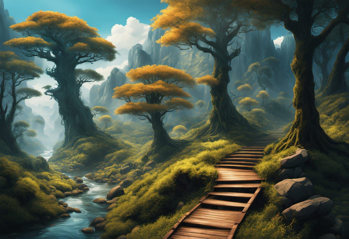 Hikers Explore Enchanted Forest in Digital Art Style