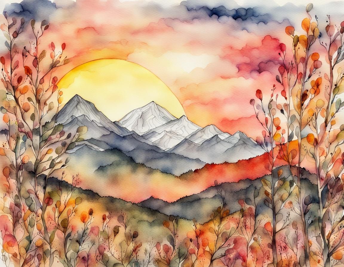 Autumn Mountain Sunset in Watercolor and Ink