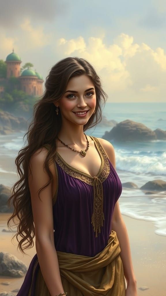 Ethereal Princess in Ancient Greek Dress on a Beach