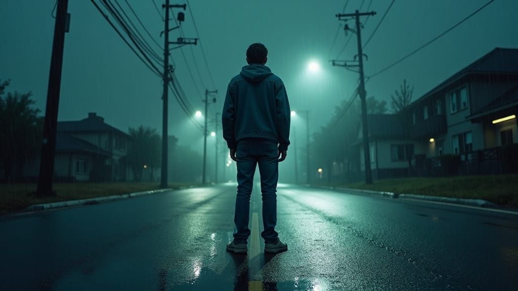 Terrified Man on Deserted Road in Anime Style