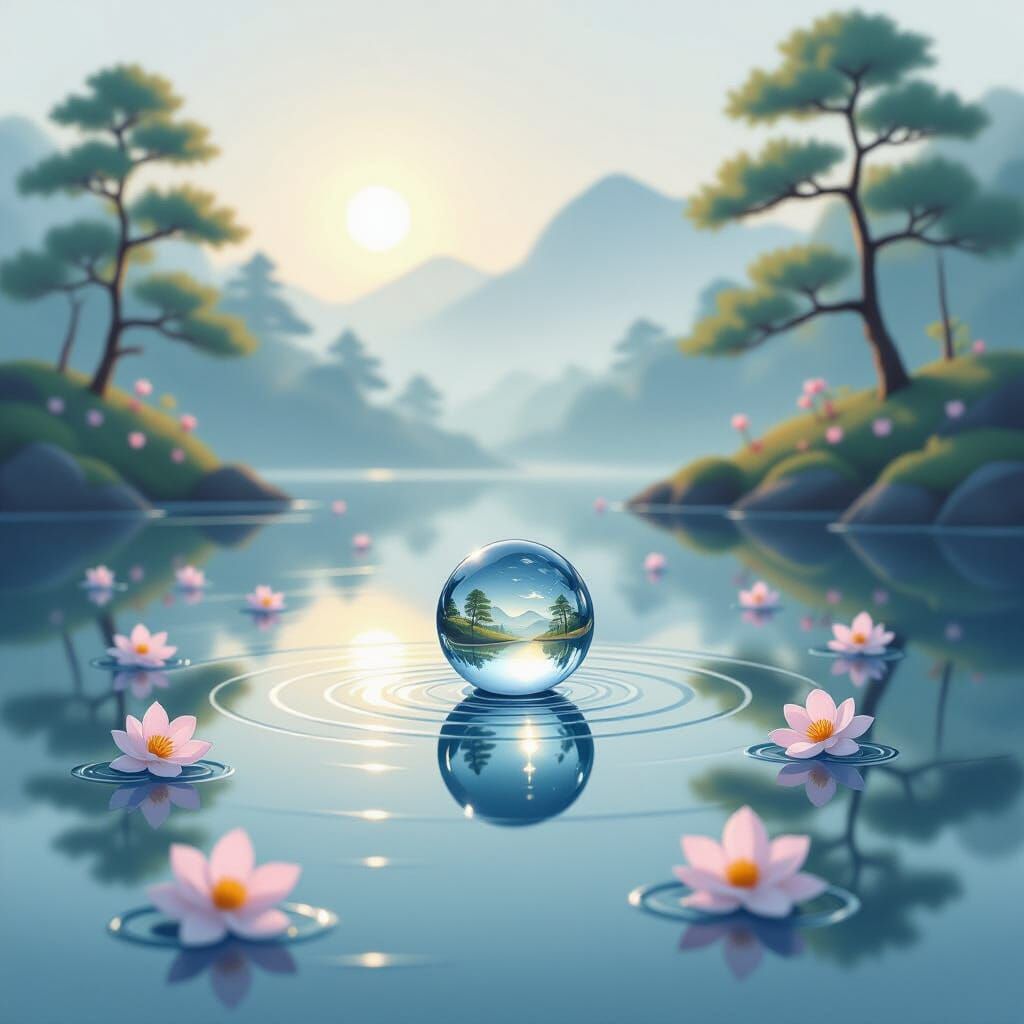 Dewdrop Reflecting Miniature Japanese Landscape