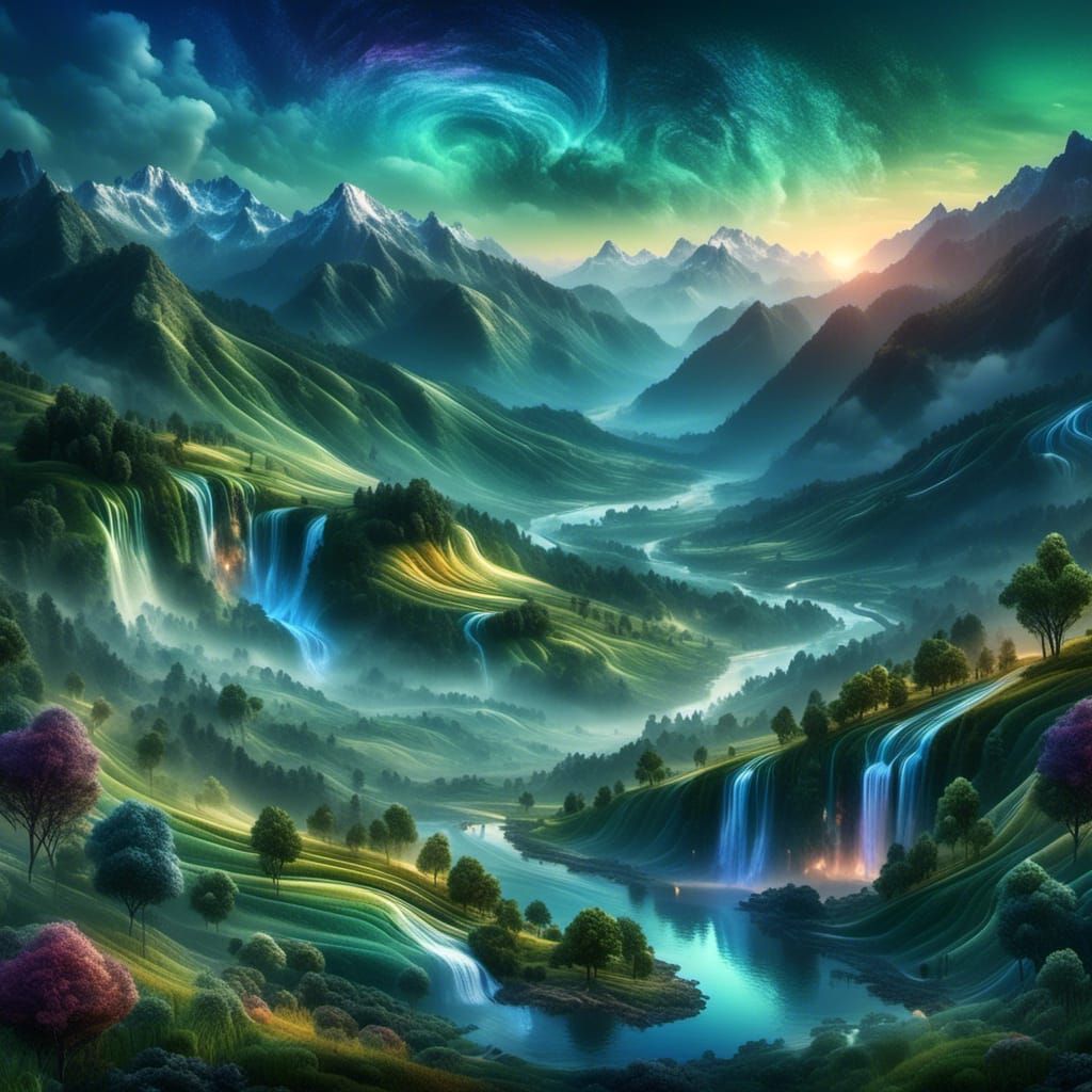 Detailed Twilight Mountainscape with Zen Garden