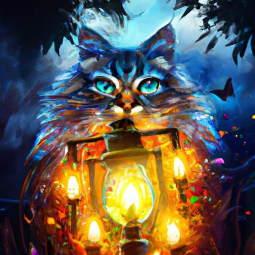 Magical Cats Holding Lanterns in Dark Forest