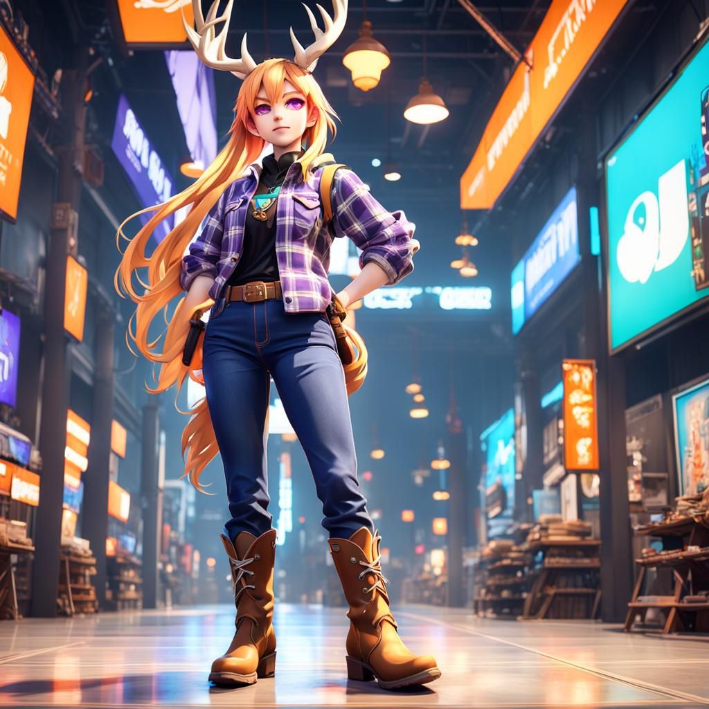 Anime Jackalope Girl Portrait in Vibrant Colors