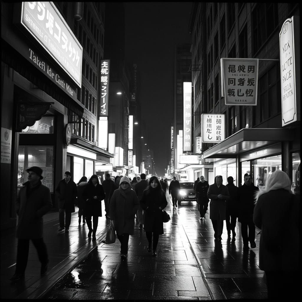 Rainy City Street at Night in Film Noir Style