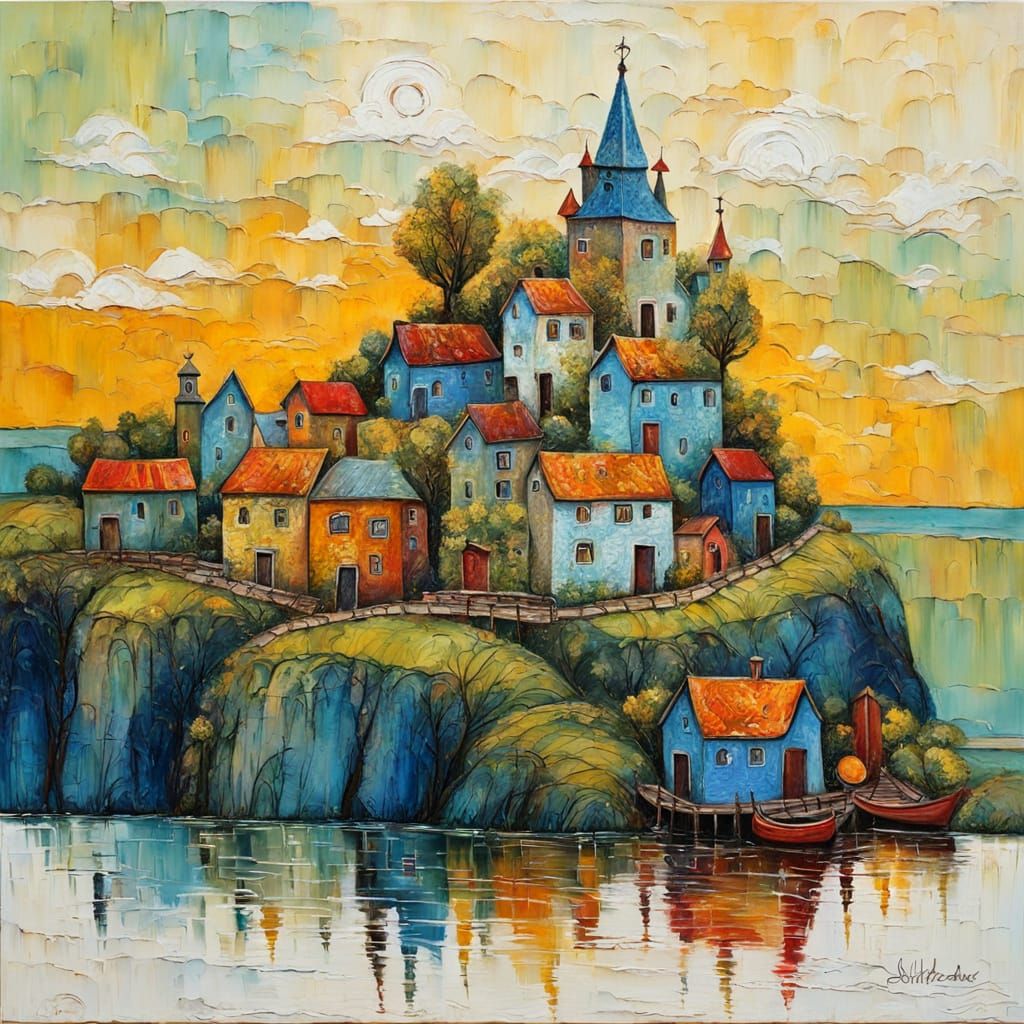 Whimsical Village by the Sea in Naive Folk Art Style