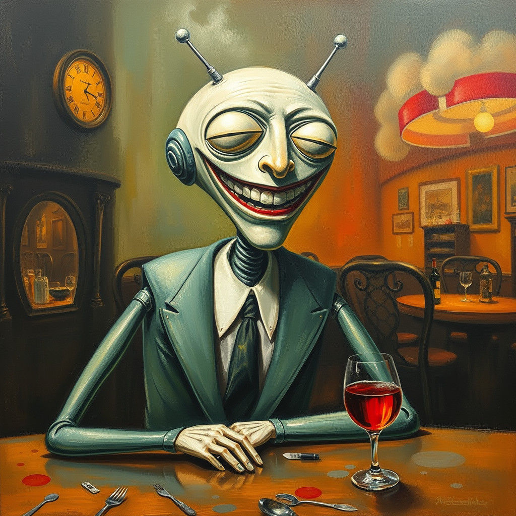 Surreal Android in Pub, Dali-esque Oil Painting