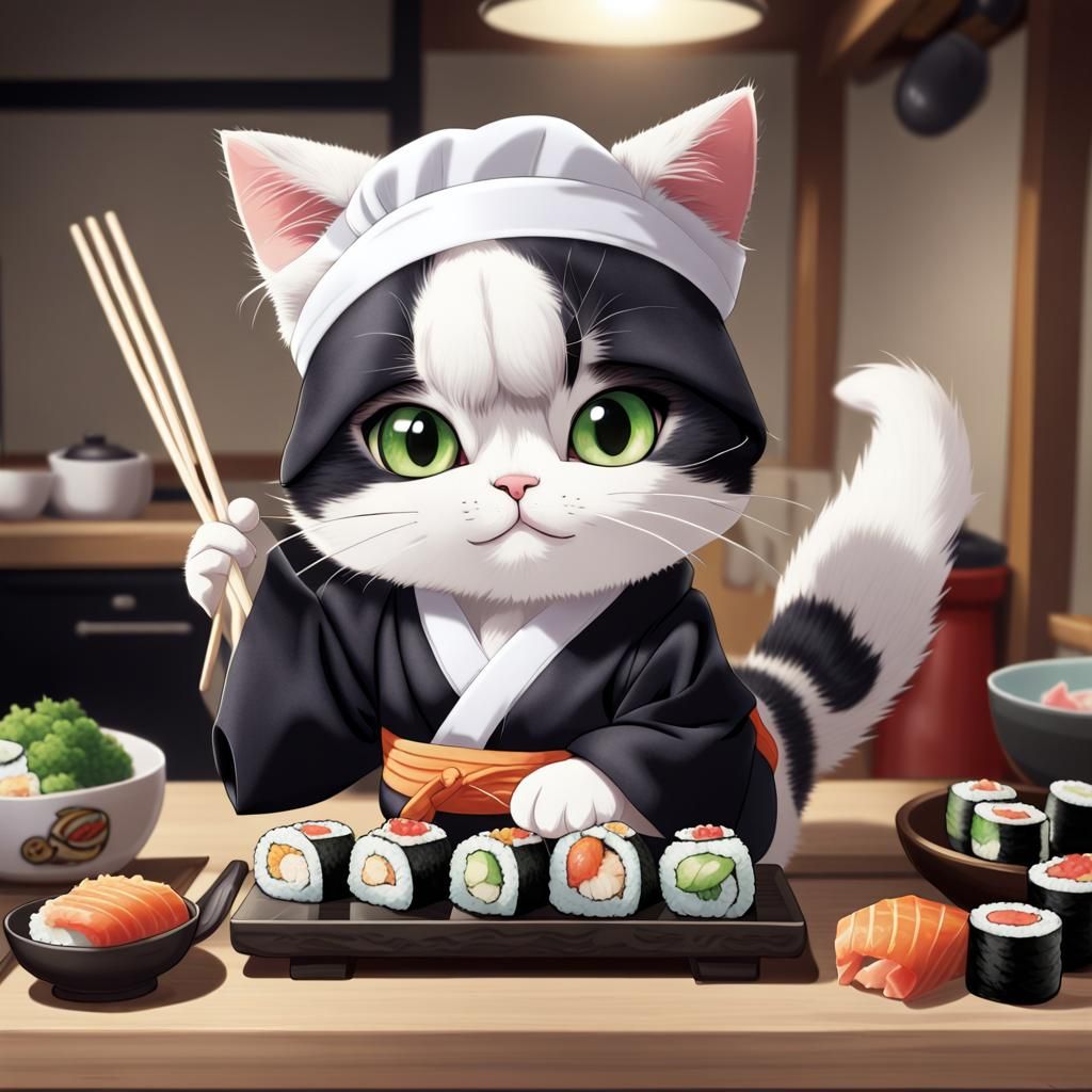 Sushi Chef Cat in Anime Style