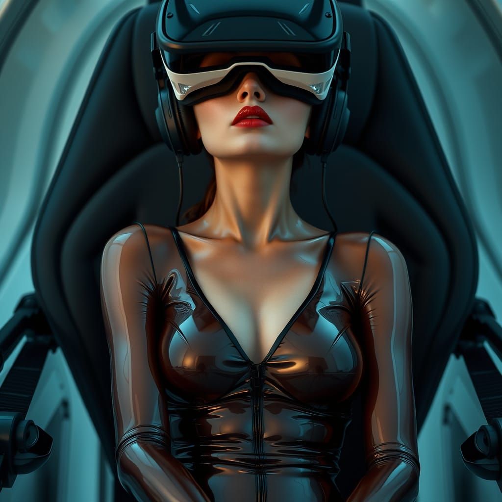 Petite Woman in Futuristic Latex Bodysuit, Immersed in VR