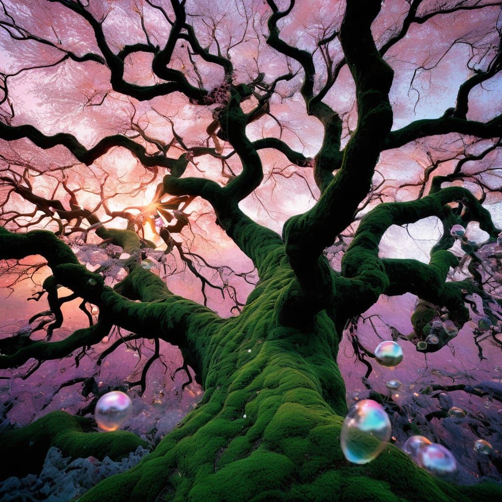 A dreamlike forest, softly glowing with layers of iridescent...