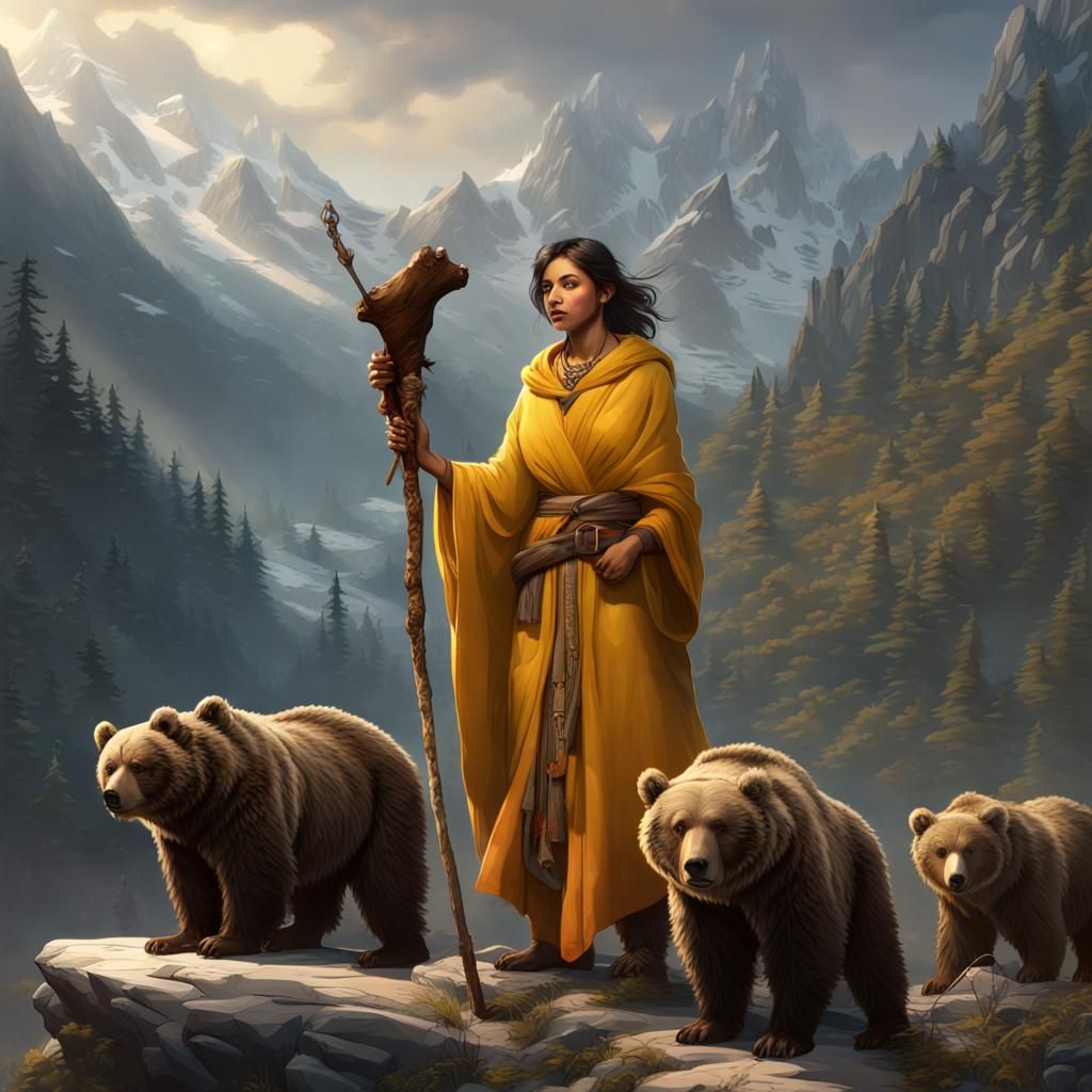 Indian Druid with Bears: Dark Fantasy Art