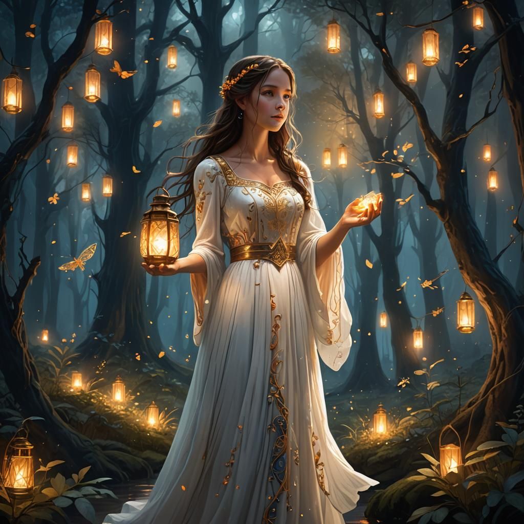 Mystical Forest Daughter with Lantern, Art Nouveau