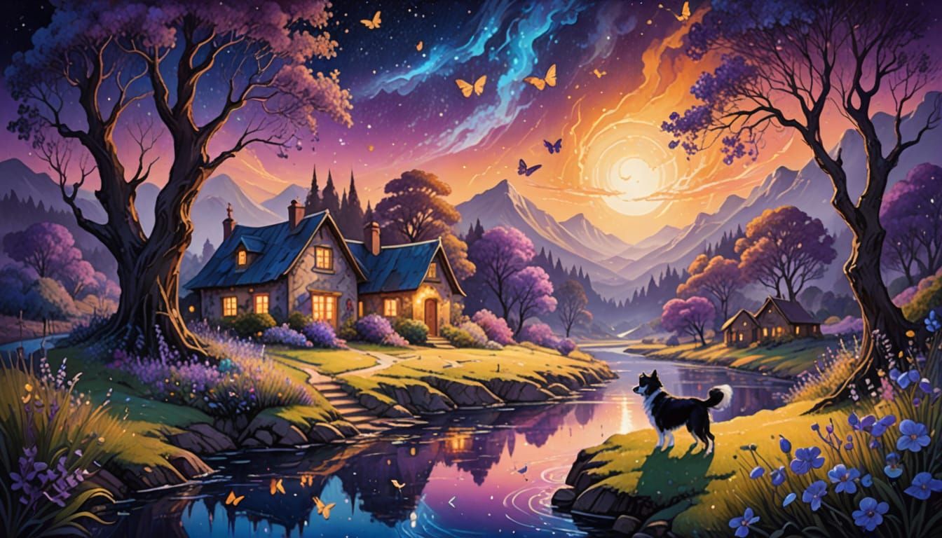 Whimsical Border Collie in Vibrant Landscape with Cosmic Mag...