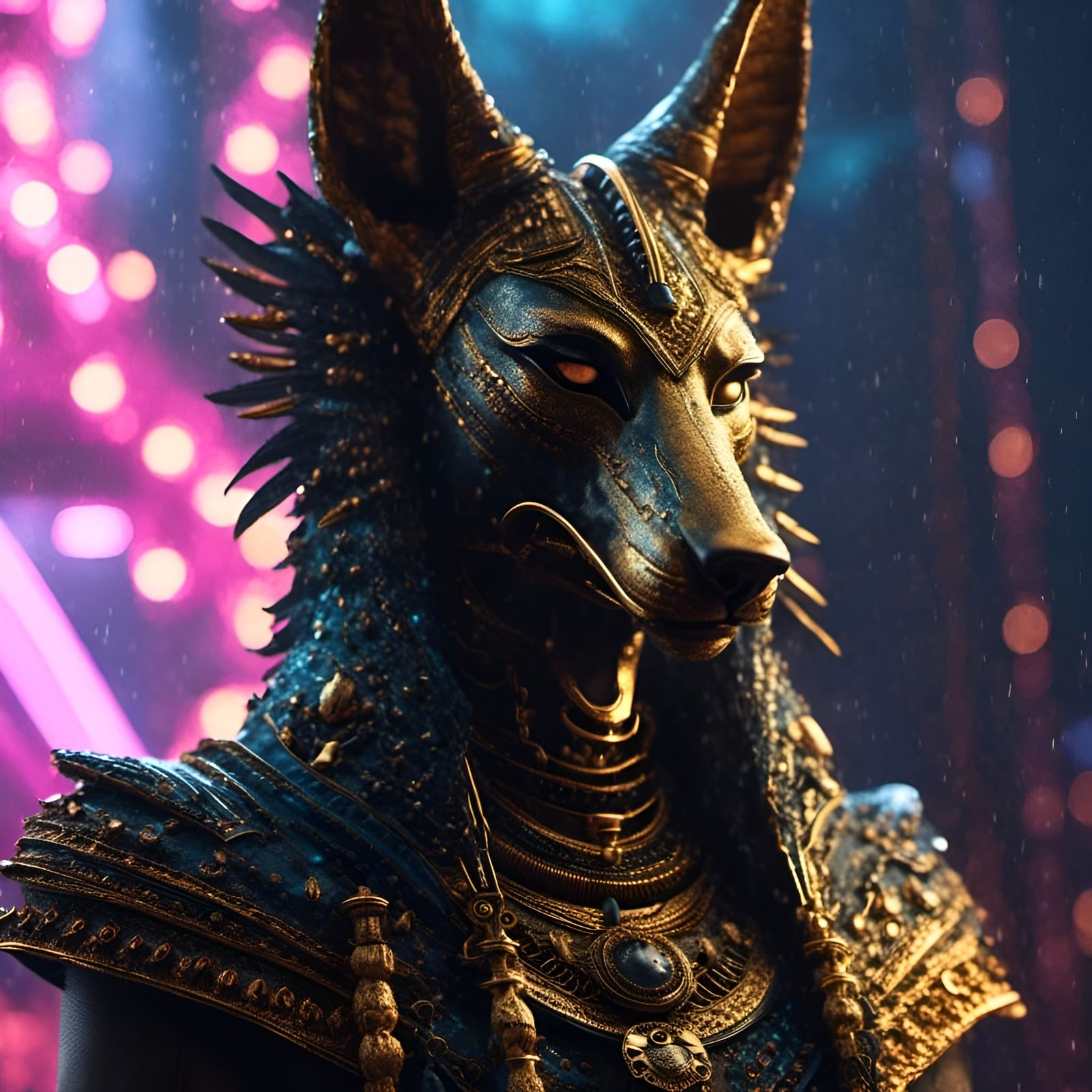 Photorealistic Voodoo Anubis Portrait with Pins and Fabrics