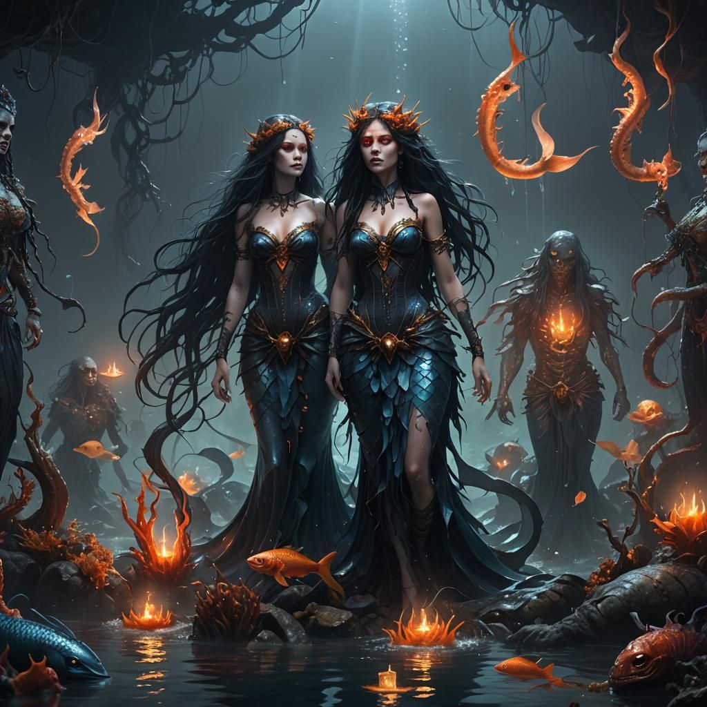 Eerie Mermaids Feast in Misty Dark Fantasy Art