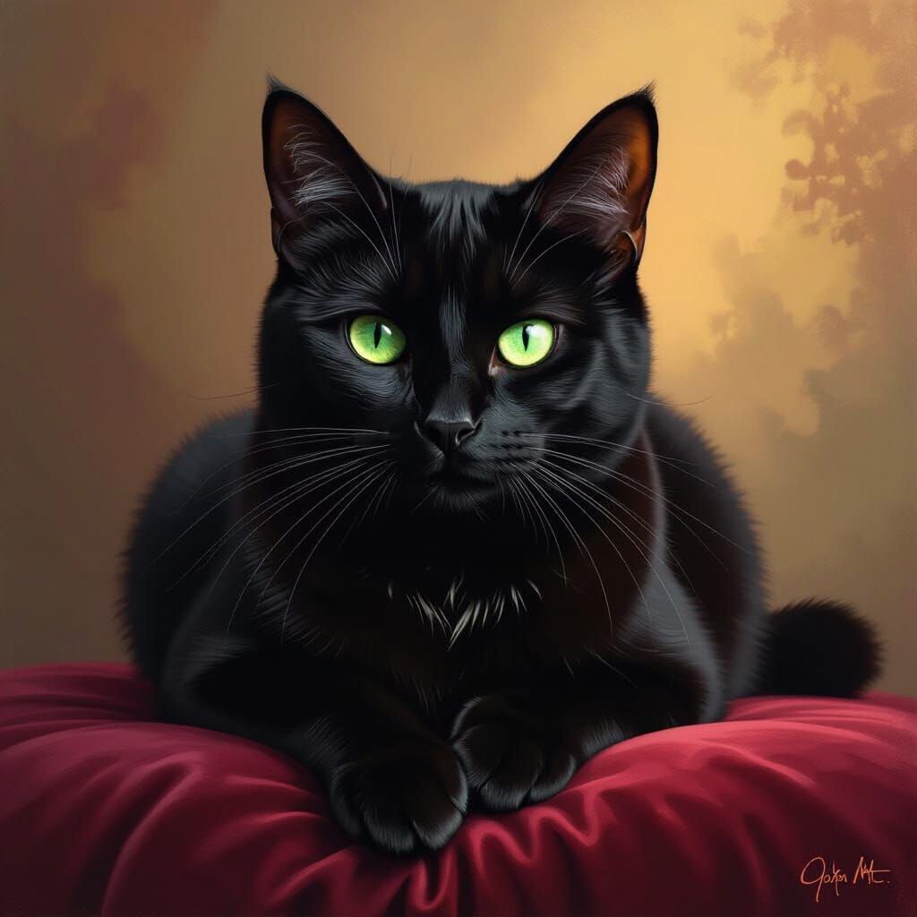 Black Cat With Emerald Eyes on Velvet Cushion